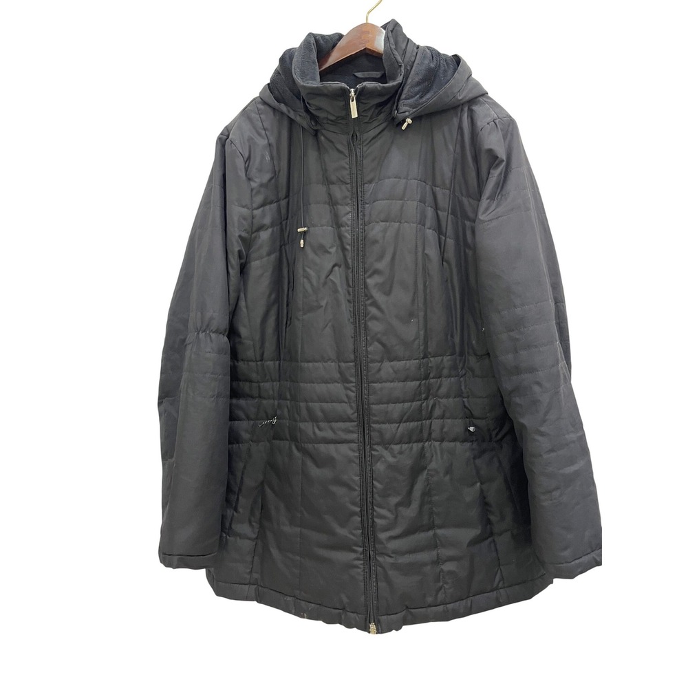 Lands' End Quilted Puffer‎ Jacket Womens XL Black Good Fleece Lined Hooded Parka